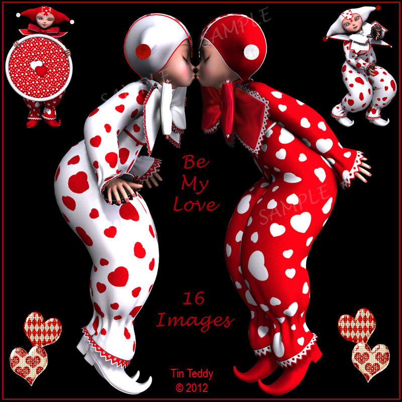 Be My Love - 16 Romantic Images of Pixie Clowns or Harlequins -Digital Clip Art for Scrapbooking, Birthday Card Making & More
