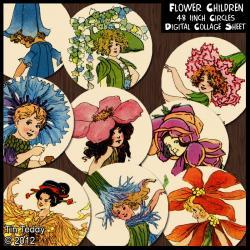Flower Children Circles- 1 Inch Circles x 48 - Digital Collage Sheet - Perfect for Jewelry, Bottle Caps etc